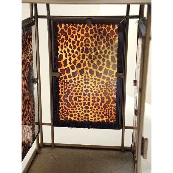 CANDLE HOLDER/Gold Tone-Leopard Glass Sides, Handle to Hang, Latch Door - Picture 5 of 11